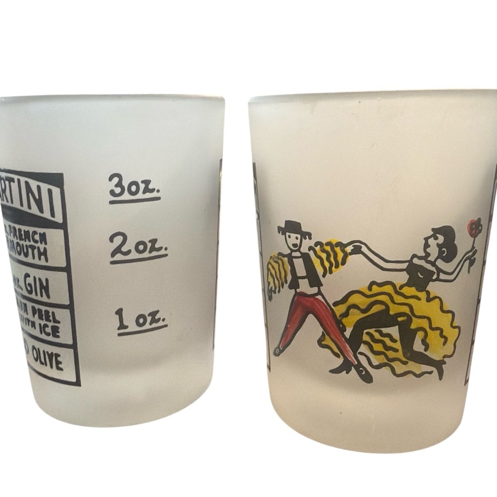 Pair of Vintage Frosted Glasses with Martini and Manhattan Recipes,Mr. Bartender